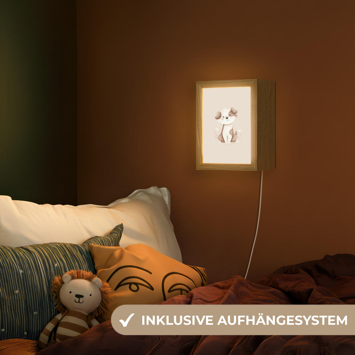 NACHTTISCHLAMPE Hund - Gefleckt - Braun 15x20 cm - Beige, Holzwerkstoff (8/15/20cm)