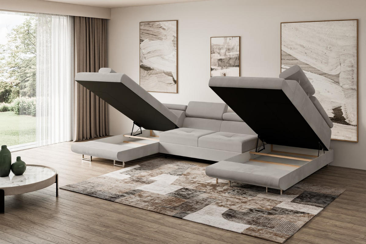 WOHNLANDSCHAFT mit Schlaffunktion und Bettkasten GUSA-U 342x202x107 cm Hellbraun Velours - Hellbraun/Silberfarben, Holzwerkstoff/Textil (342/107/202cm) - ALTDECOR