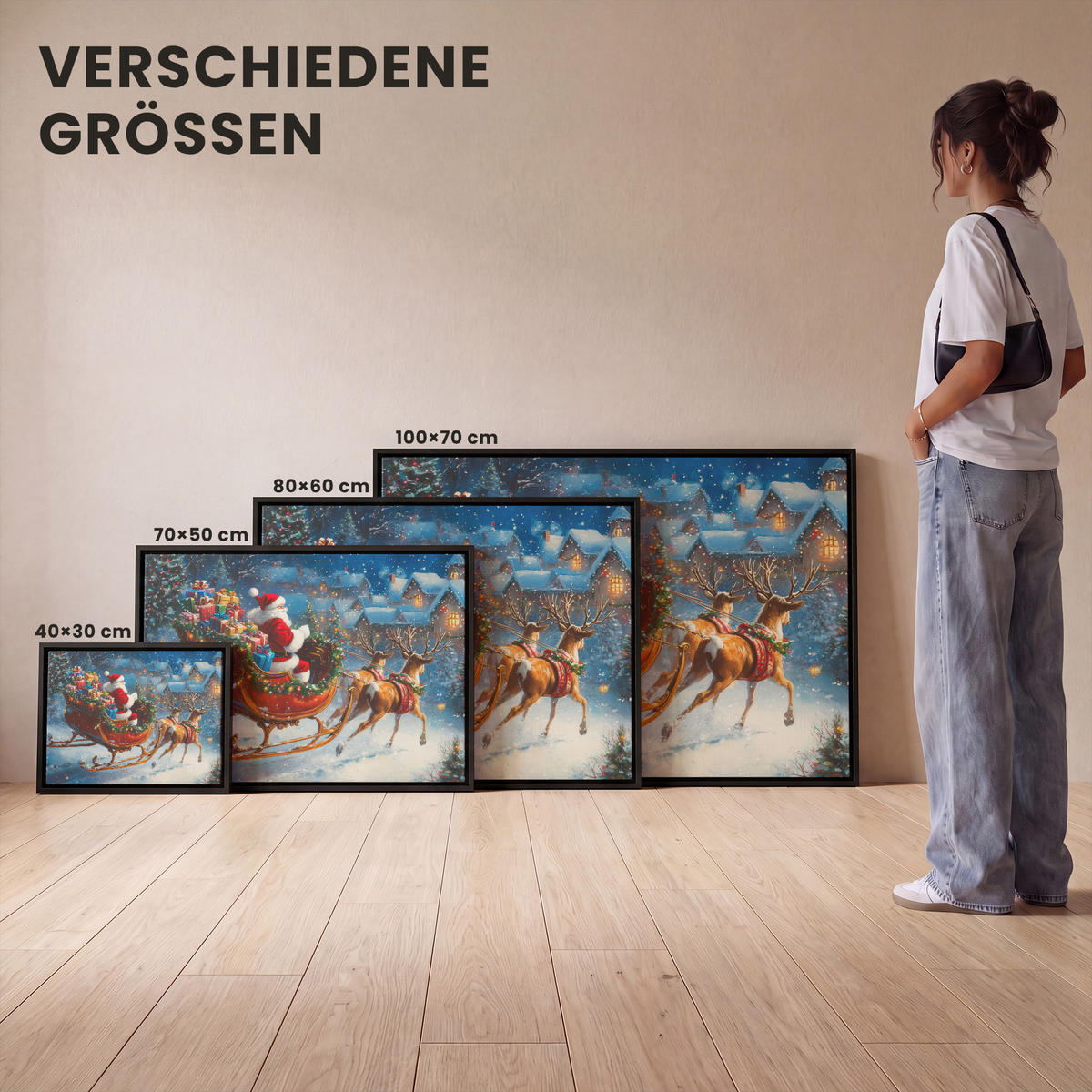 LEINWAND Bilder mit Rahmen - Weihnachtsmann - Rentier - Weihnachten - Schnee - 70x50 - Cognac, Textil (70/50cm) - MuchoWow