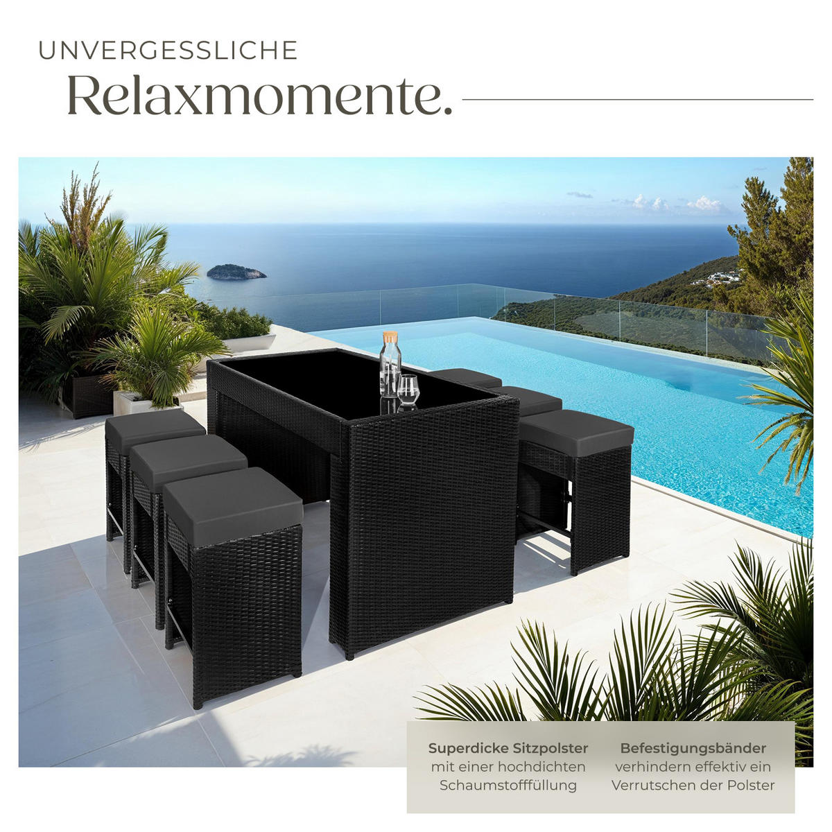 RATTAN BARSET Ibiza,2 Bezugssets,schwarz - Schwarz, Kunststoff - tectake