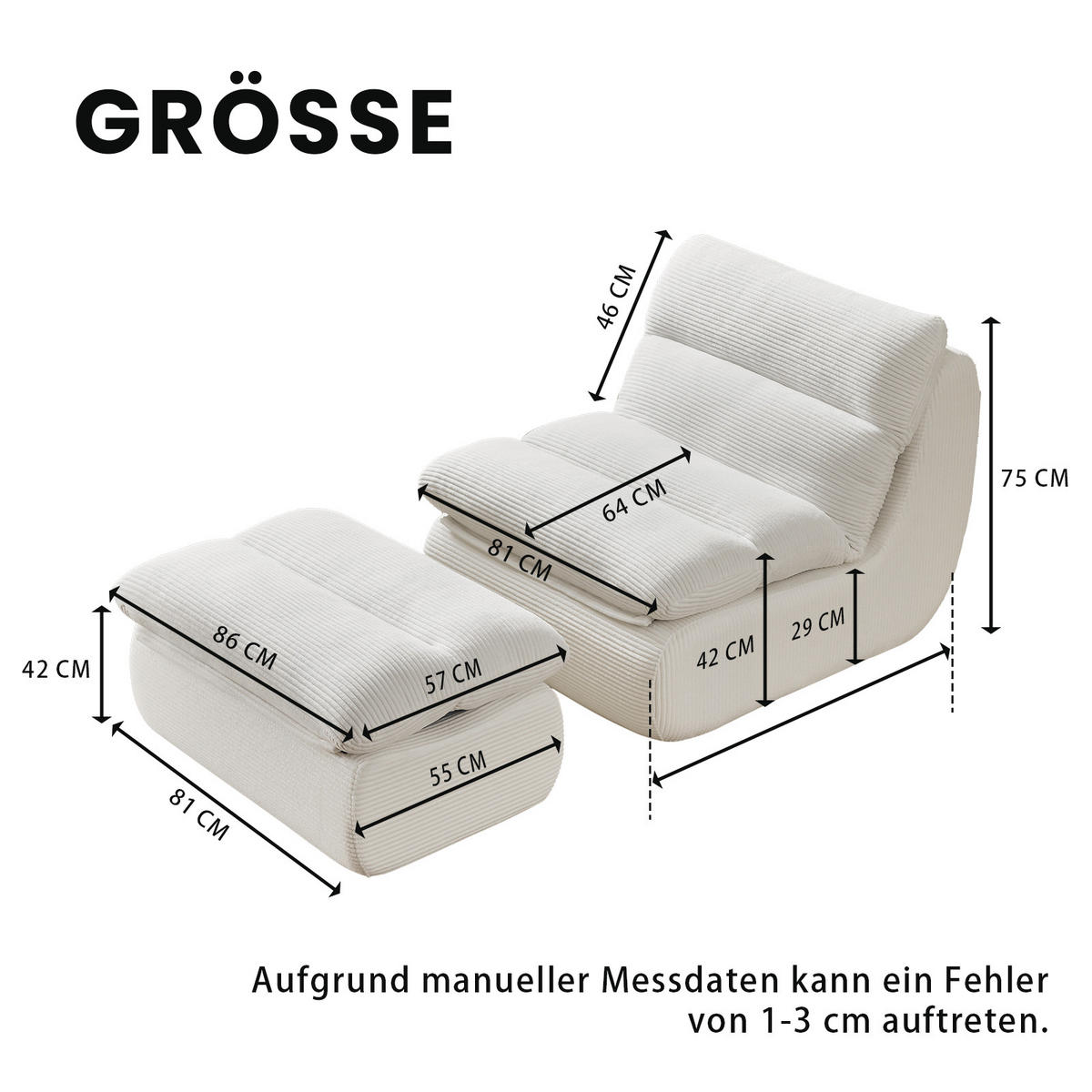 SOFA 101/81/75 cm mit Fußhocker, abnehmbarer Rücken- und Sitzpolsterung aus Cord, Beige - Beige, Textil (81/75/101cm) - Redom