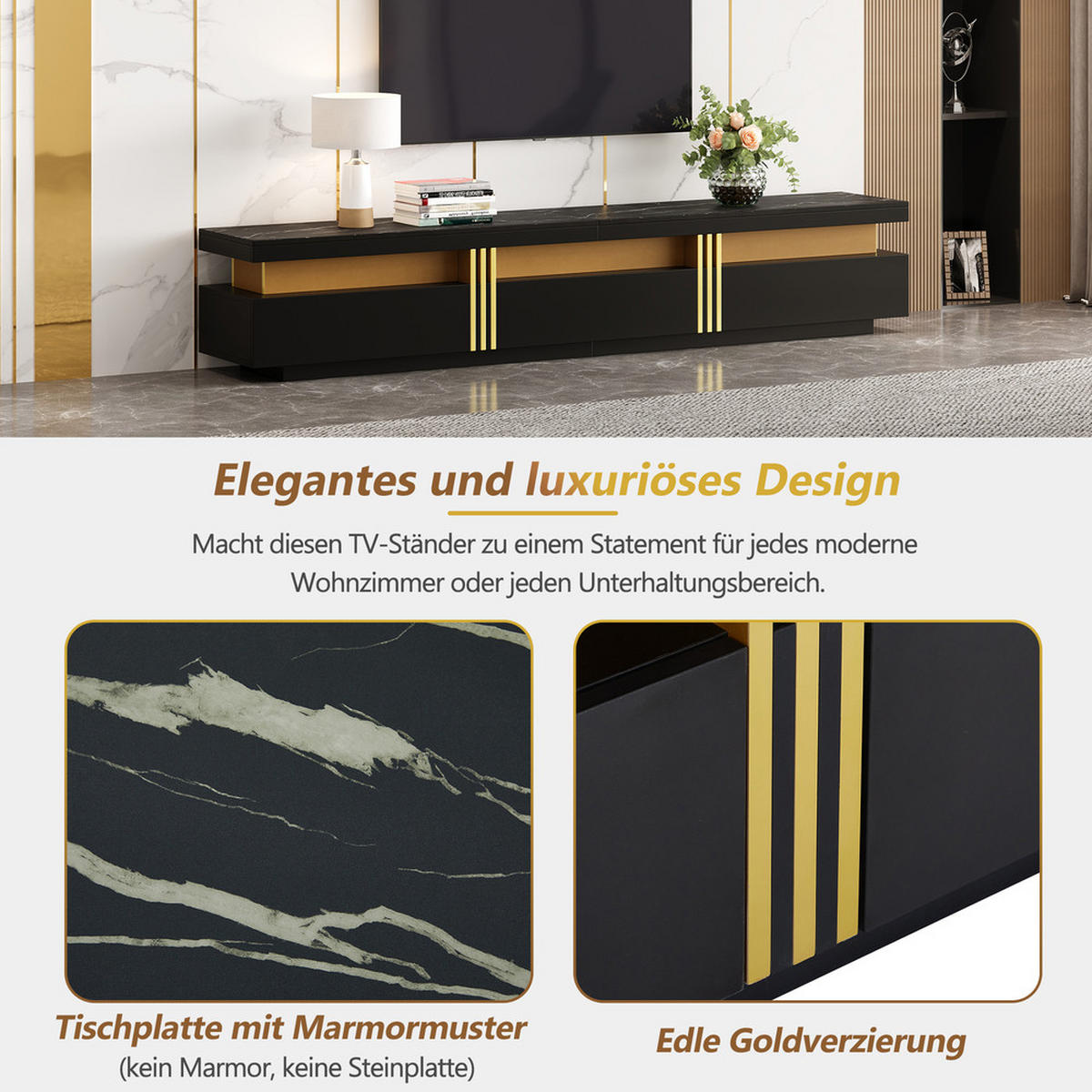 TV-SCHRANK 200x40cm Lowboard Modern Marmoroptik 3 Schubladen bis 90 Zoll - Schwarz, Holz (49.48/24.99/71.48cm) - FLIEKS