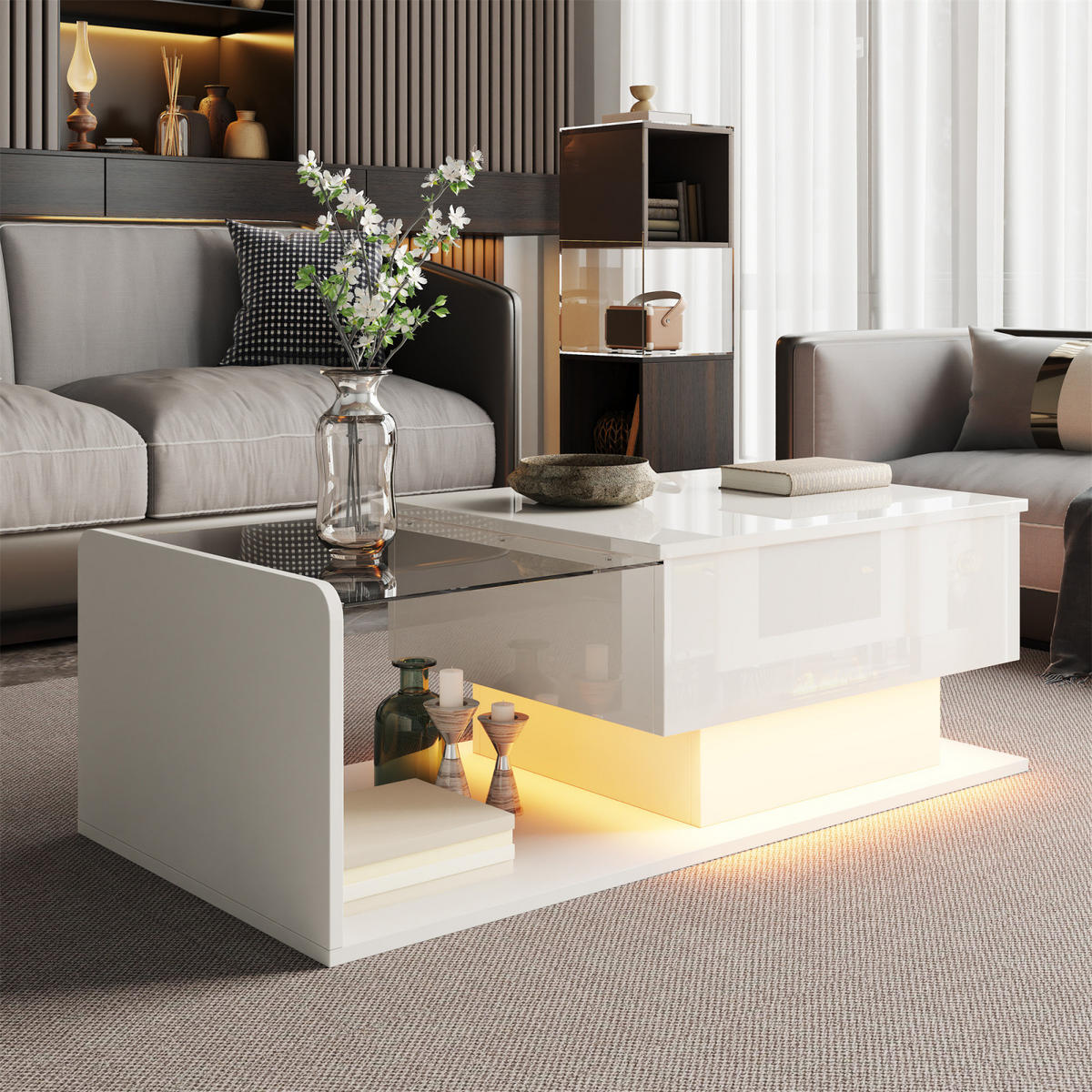 COUCHTISCH Weiß mit Glasplatte und LED, 100 x 50 cm - Weiß, Metall (100/50/47cm)