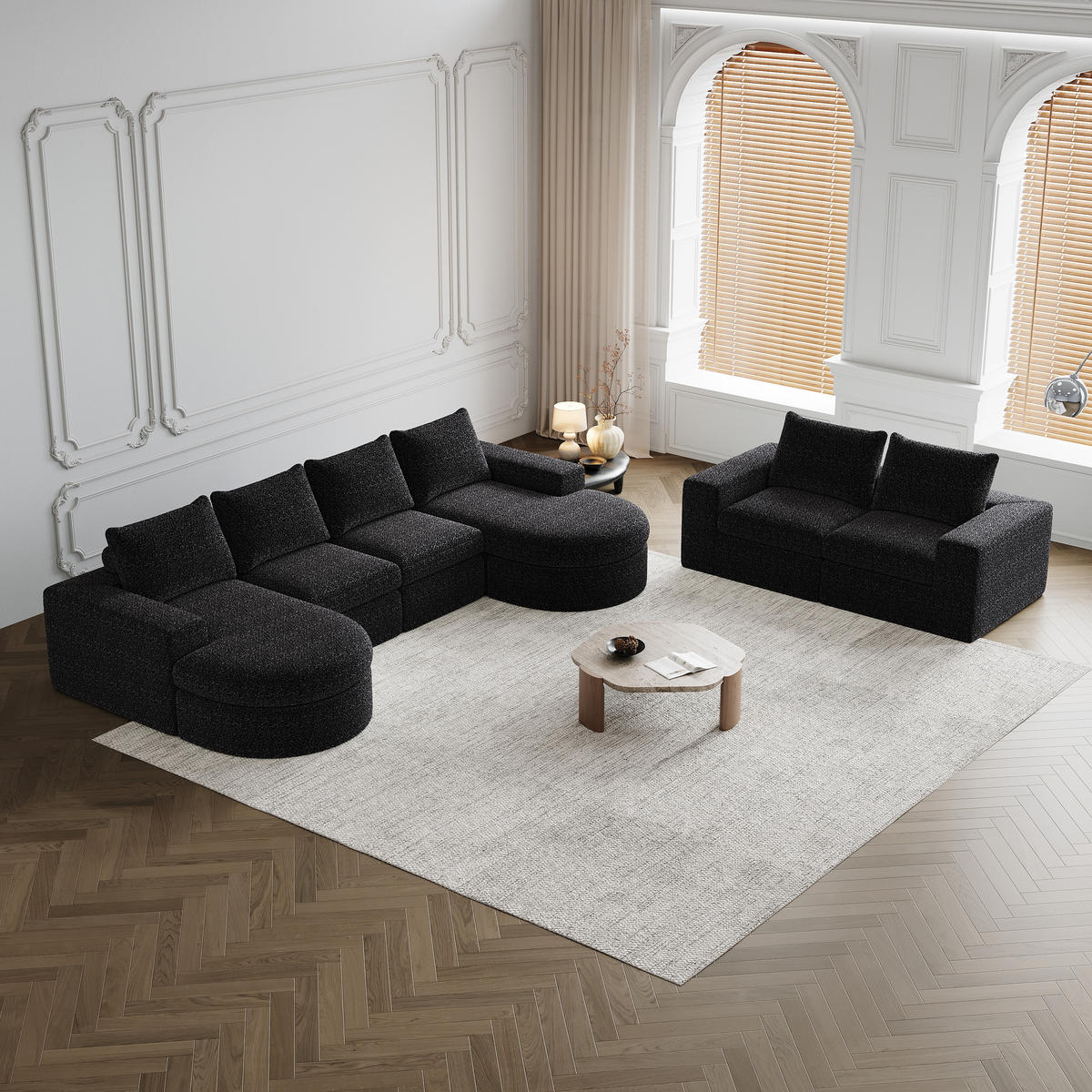 SCHLAFSOFA aus Chenille mit Liegestuhl, 2-teilig - Schwarz, Textil (322.5/81.2/217.7cm)