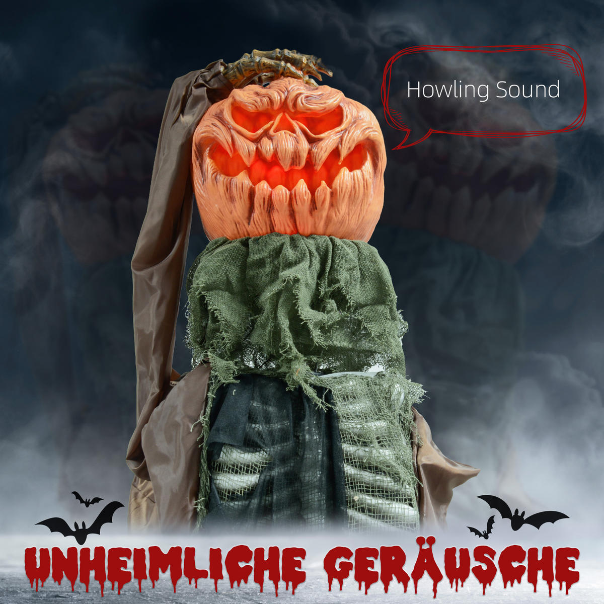 HALLOWEEN DECORATIONS 183cm Skelett-Kürbis mit LED-Lichter, Soundfunktion - Hellbraun, Kunststoff/Metall (65/183/20cm) - HOMCOM