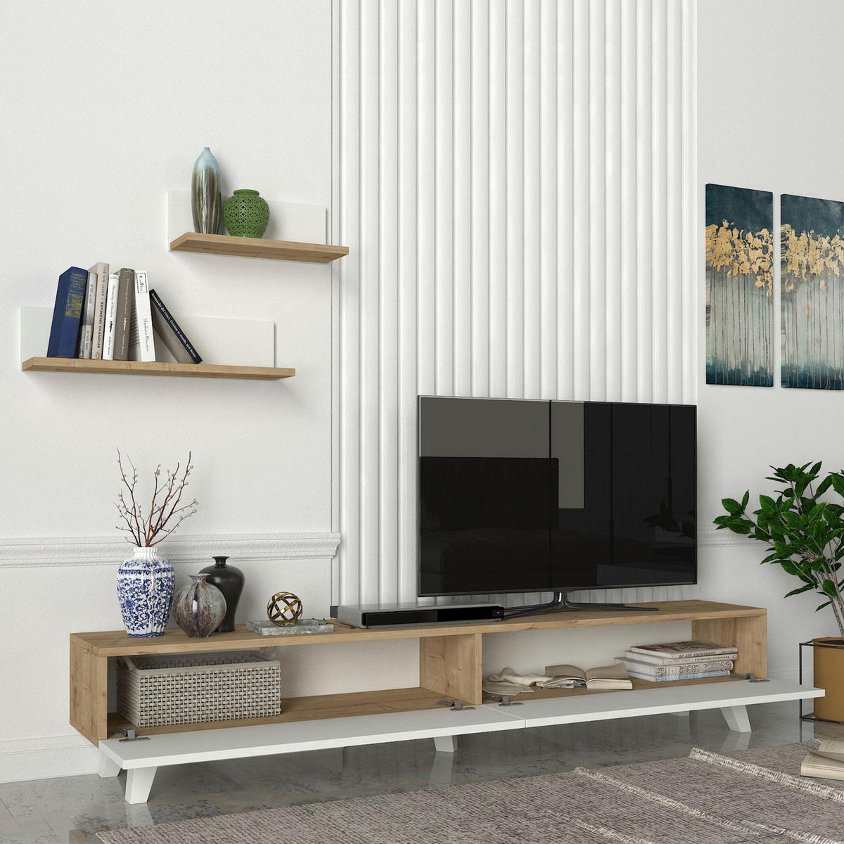 LOWBOARD Saarijärvi mit 2 Wandregalen - Weiß, Holzwerkstoff (180/33/31cm) - [en.casa]