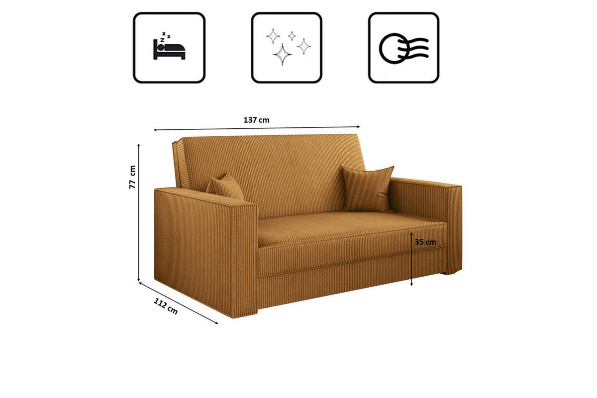 SOFA, Schlaffunktion - America Stoff Poso Senffarbe - Currygelb, Holz (137/77/112cm) - Kaiser Möbel