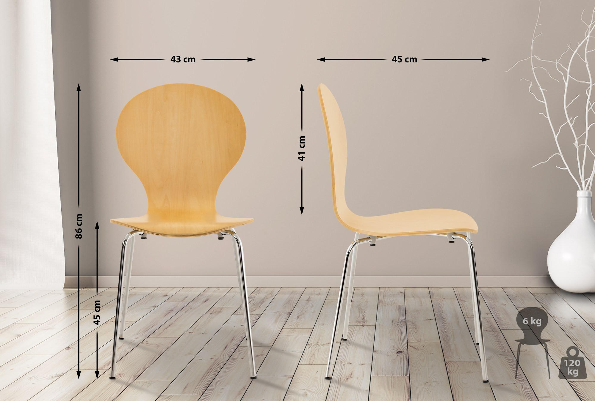BESUCHERSTUHL Holz natura - Chromfarben/Eukalyptusholzfarben, Holz/Metall (43/86/45cm) - CLP