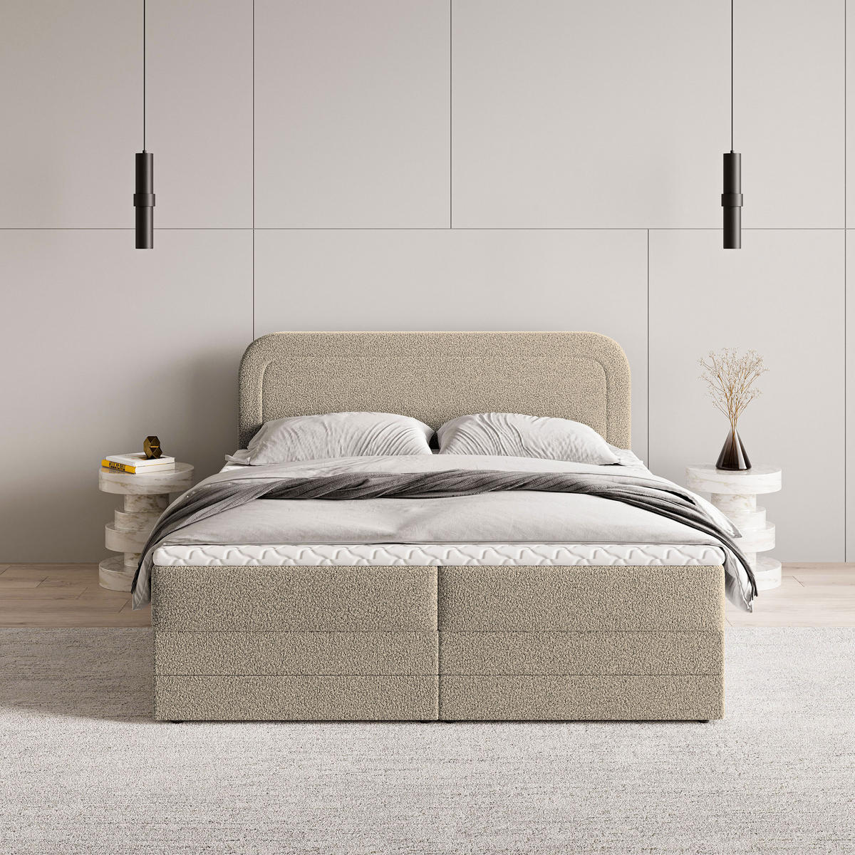 BOXBETT ARMEL 140x200 cm mit Matratze und Topper - Beige - Beige, Holz (140/200cm) - MASSENO