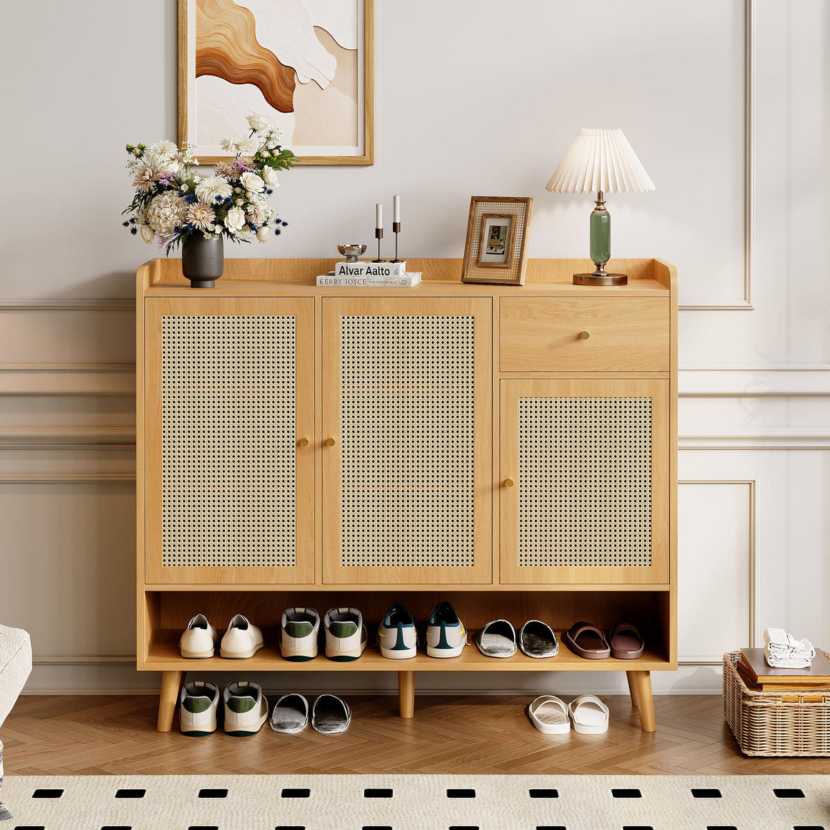 SCHUHSCHRANK Rattan mit 3 Türen Natural 120x35x106cm - Naturfarben, Holzwerkstoff (35/106/120cm) - FLIEKS