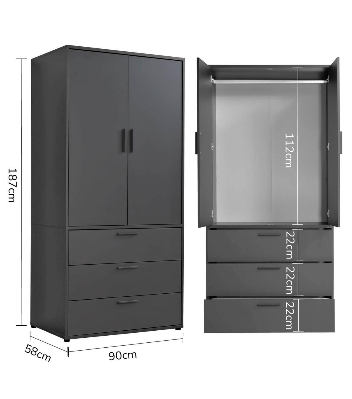 KLEIDERSCHRANK Der Grenzenlose - Anthrazit, Holzwerkstoff (90/187/58cm) - Mokebo