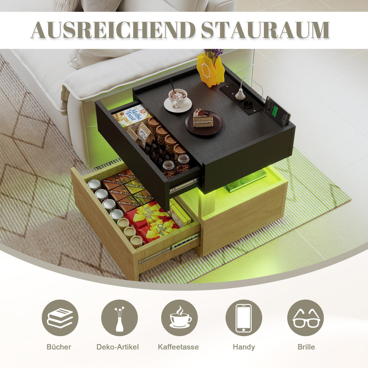 NACHTTISCH mit LED, Nachtkonsole mit Steckdose und USB, 50x40x50 cm - Schwarz, Holzwerkstoff (50/50/40cm) - LVHOM