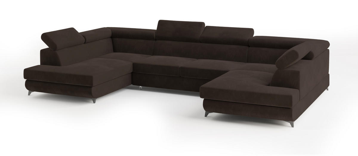 WOHNLANDSCHAFT VINTESSA Braun Velours-Stoff mit Schlaffunktion - Braun, Holz (323/89/190cm) - MASSENO