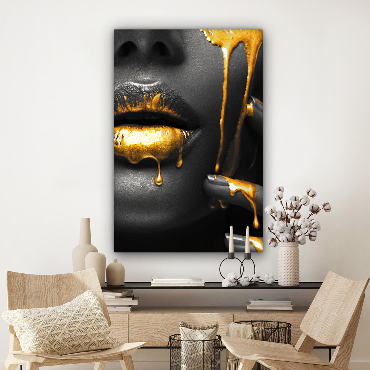 LEINWANDBILD Frau - Schwarz - Gold - Gesicht - Lippen Deko XXL 80x120 cm - Goldfarben, Textil (80/120cm) - MuchoWow