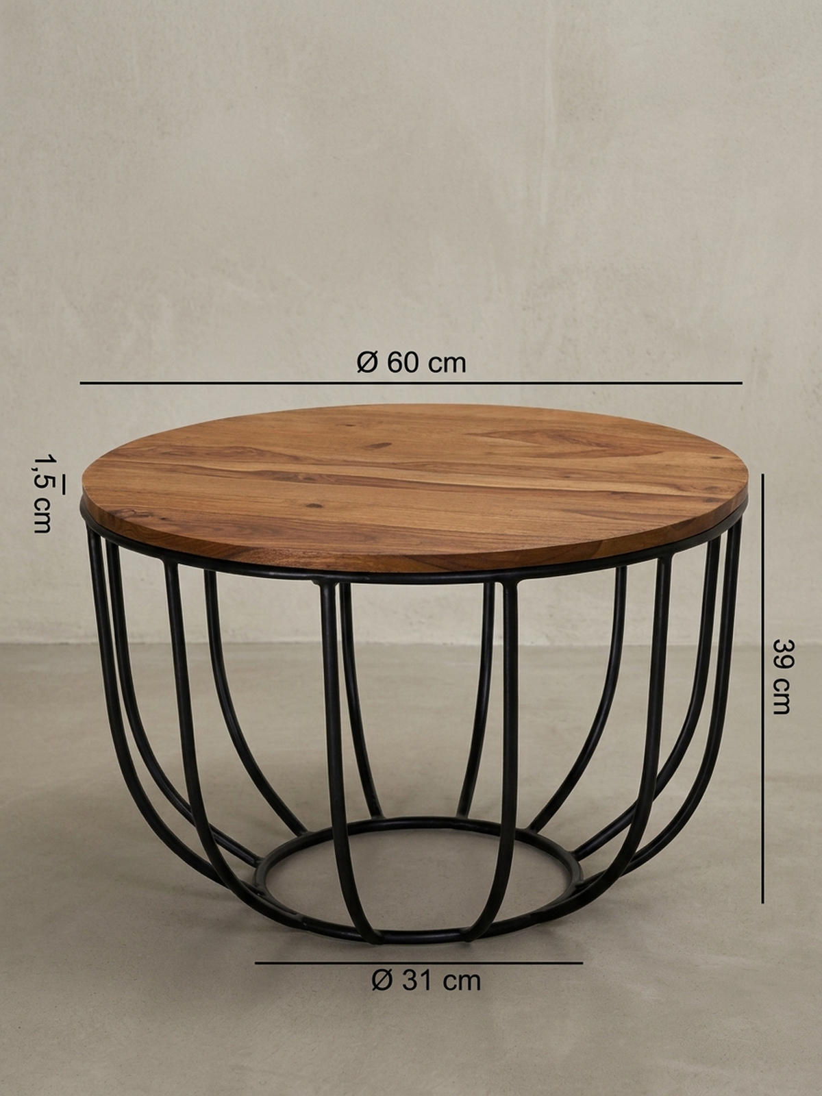 COUCHTISCH in Industrial-Stil, Sheesham Massivholz, Metallgestell, Korbdesign, Rustikal - Schwarz/Braun, Holz/Metall (60/60/39cm) - KADIMA DESIGN