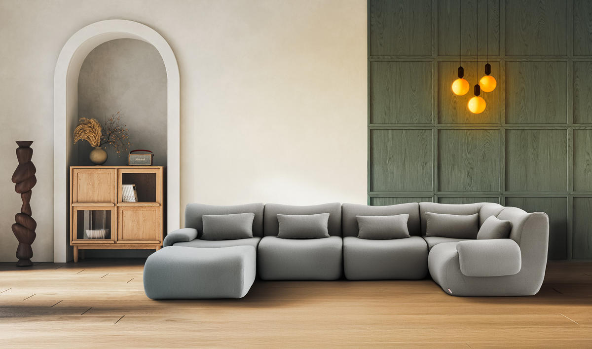 WOHNLANDSCHAFT Bouclé-Stoff Wolkengrau - Grau, Textil (356/73/190cm) - MILYsofa