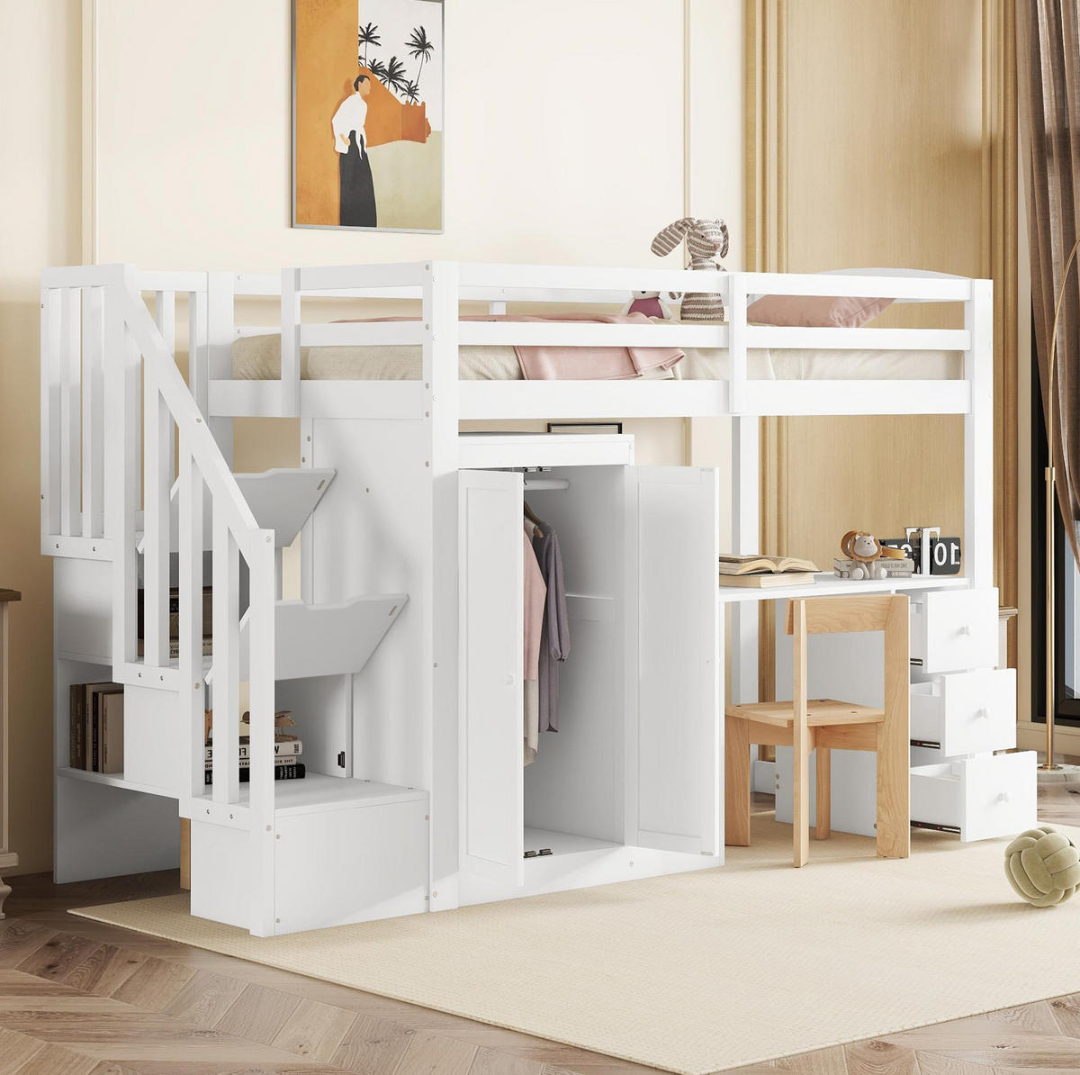 HOCHBETT 90/200 cm in Weiß – mit Schreibtisch, Kleiderschrank und Stauraumtreppe - Weiß, Holzwerkstoff (90/200cm) - BEAOK