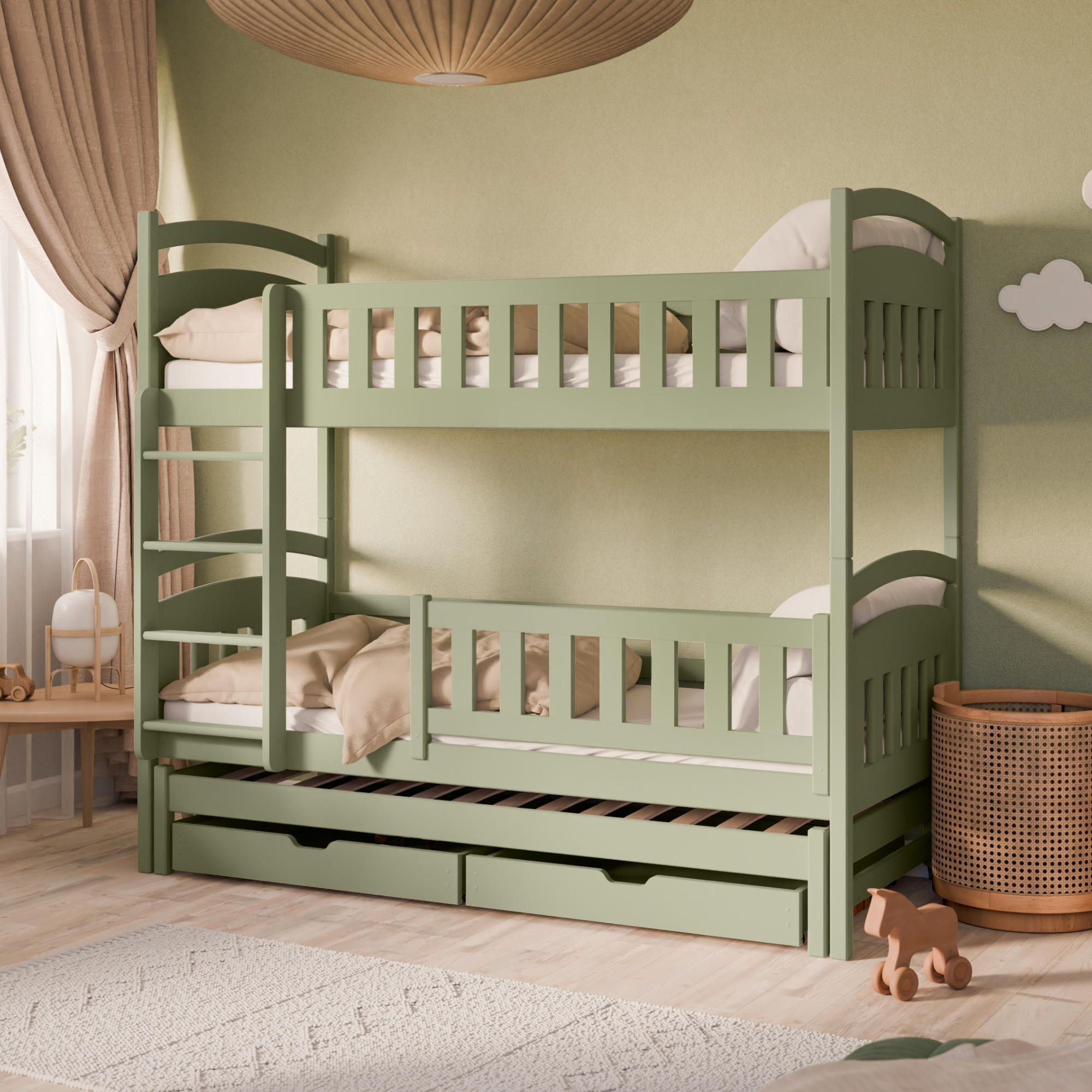 ETAGENBETT 90x200 cm mit Ausziehbett & zwei Schubladen in Olivgrün - Olivgrün, Holzwerkstoff (90/200cm) - Kids Collective