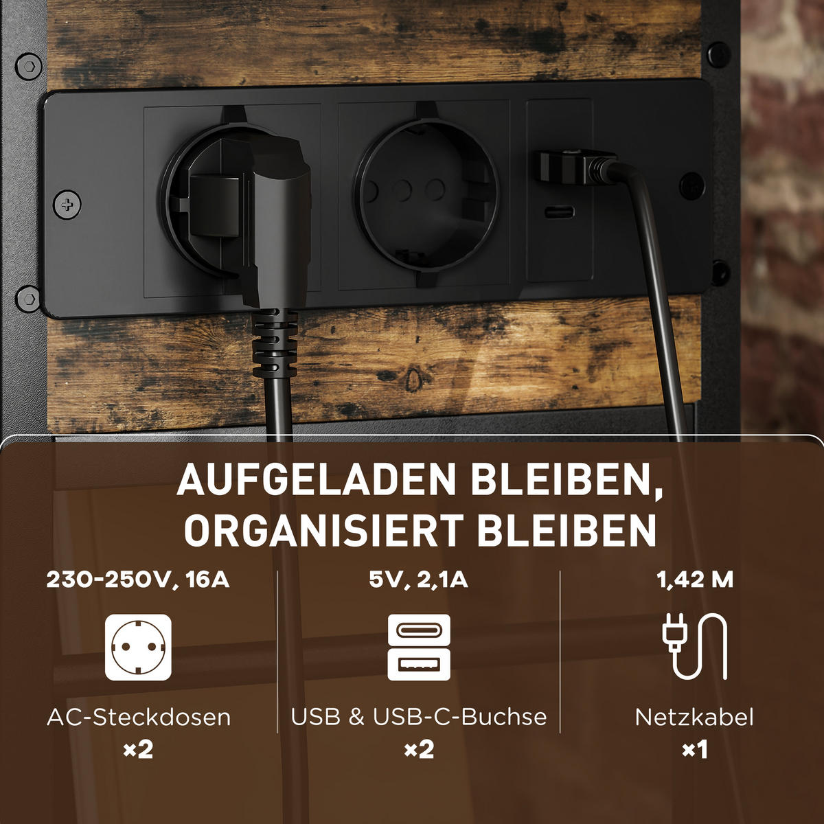 BEISTELLTISCH Nachttisch mit Steckdosenleiste, 2 Ebenen, Couchtisch mit USB - Schwarz/Braun, Metall (60/29.8/58.5cm) - HOMCOM