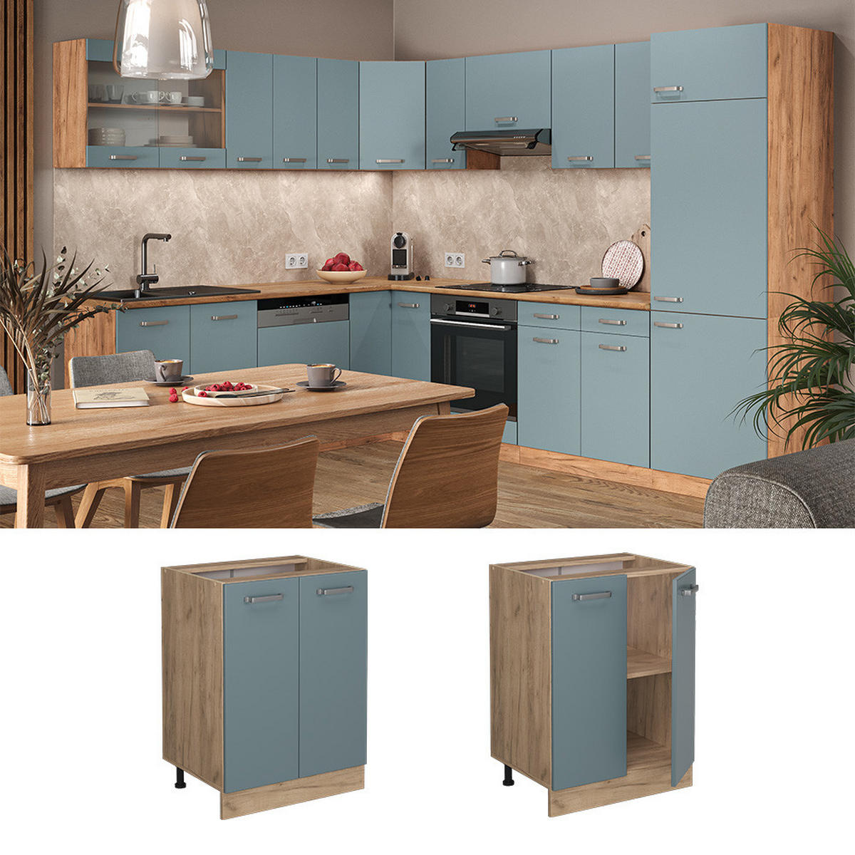KÜCHENUNTERSCHRANK R-Line Blau-Grau 60 cm, AP Anthrazit - Honigeiche/Eiche Wotan, Holzwerkstoff (60/81.6/60cm) - Vicco