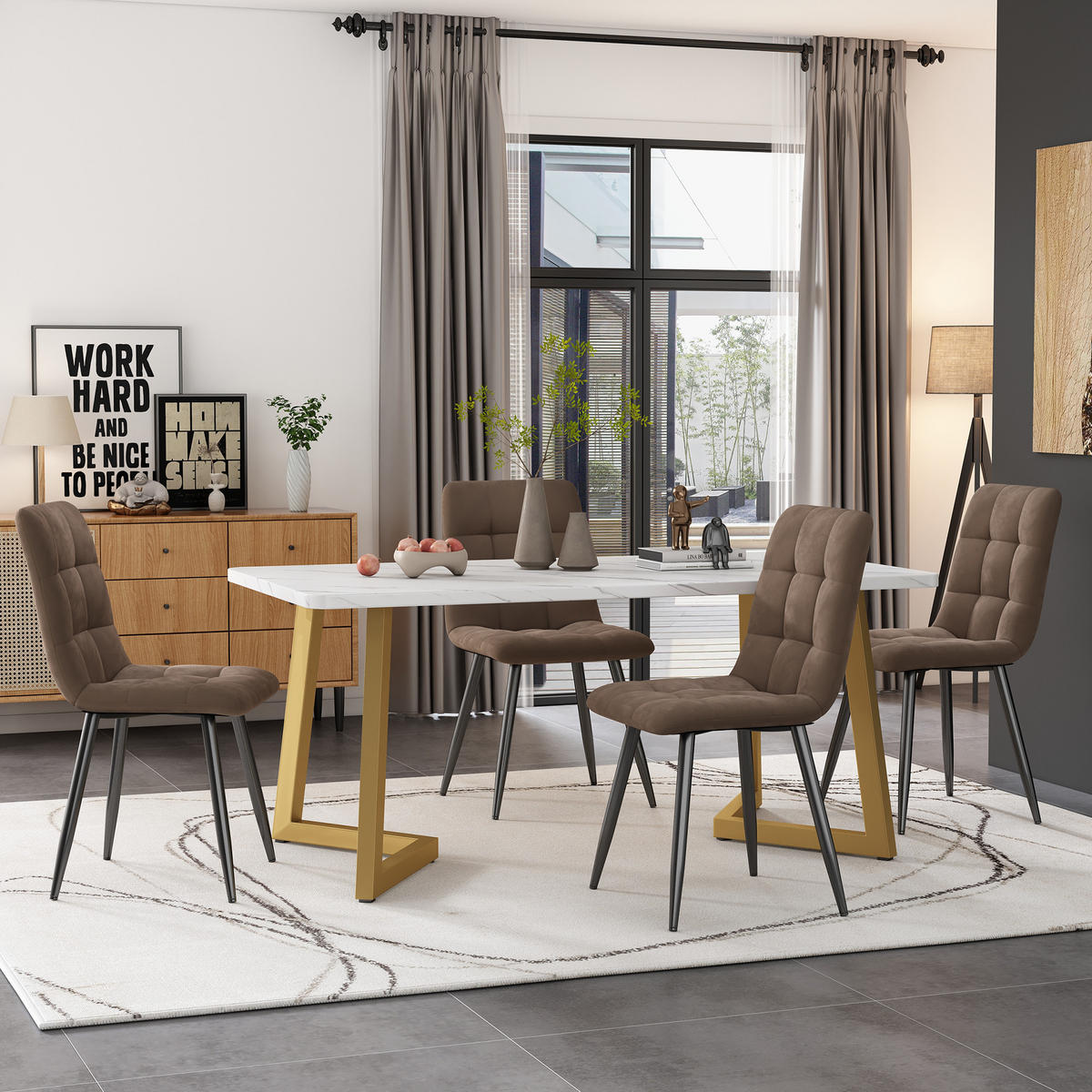 ESSTISCHSET 117x68 Cm Mit 4 Stühlen, Rechteckig, Braun Samt, Gold - Braun, Holzwerkstoff (117/75/68cm) - FLIEKS