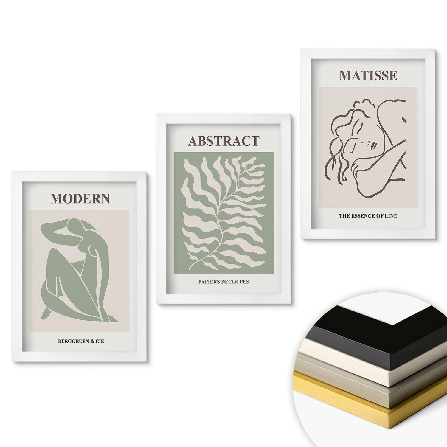 WANDBILDER 3er-Set - 20x30 cm Weißer Rahmen - Stilvolle grüne Gemälde mit Figuren - Weiß, Kunststoff (20/30cm) - ArtPrintCave