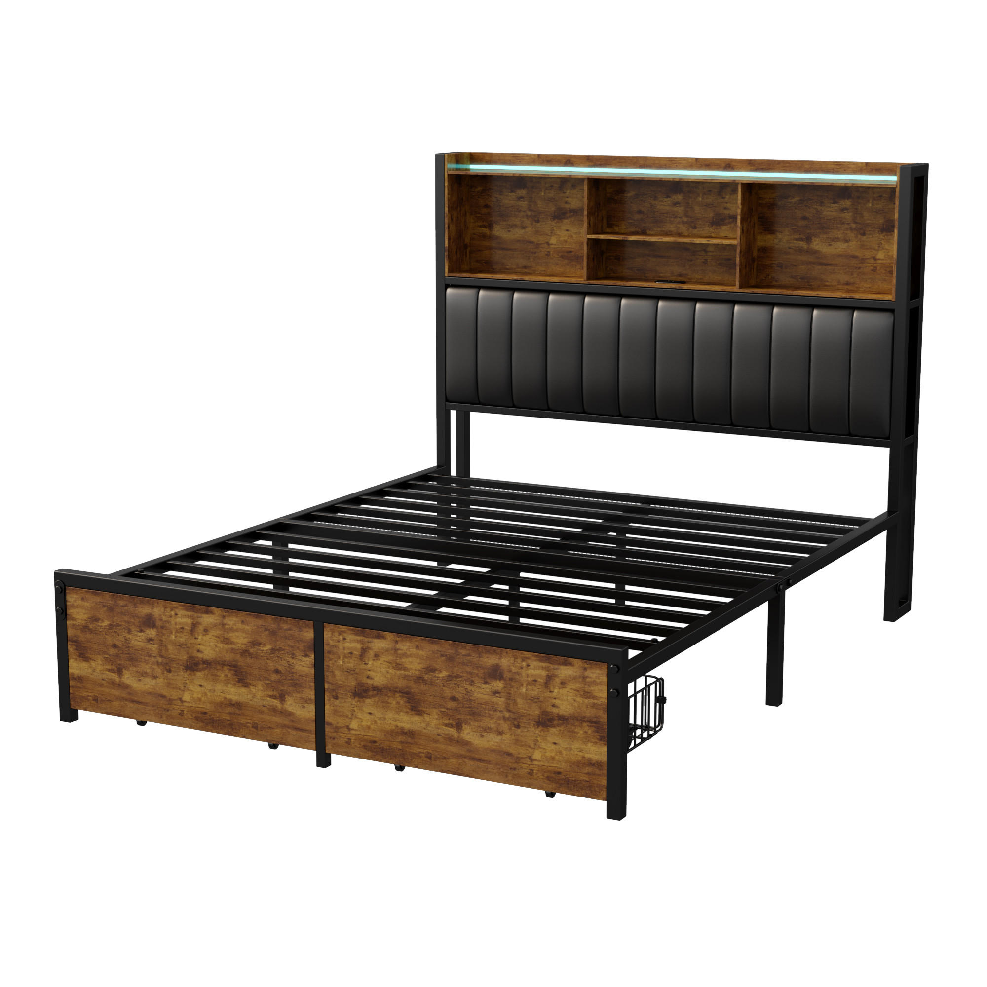 POLSTERBETT 140x200 cm, Schwarz, mit Schubladen, LED-Beleuchtung, USB - Schwarz, Textil/Metall (160/200cm)