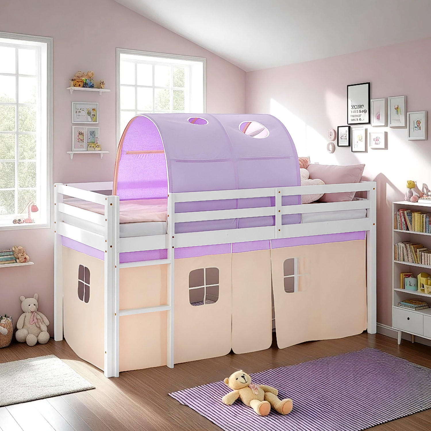 HOCHBETT 90/200 cm in weiß mit Lattenrost Matratze + Betttunnel Peach - Violett/Creme, Holz/Textil (90/200cm) - Homestyle4u