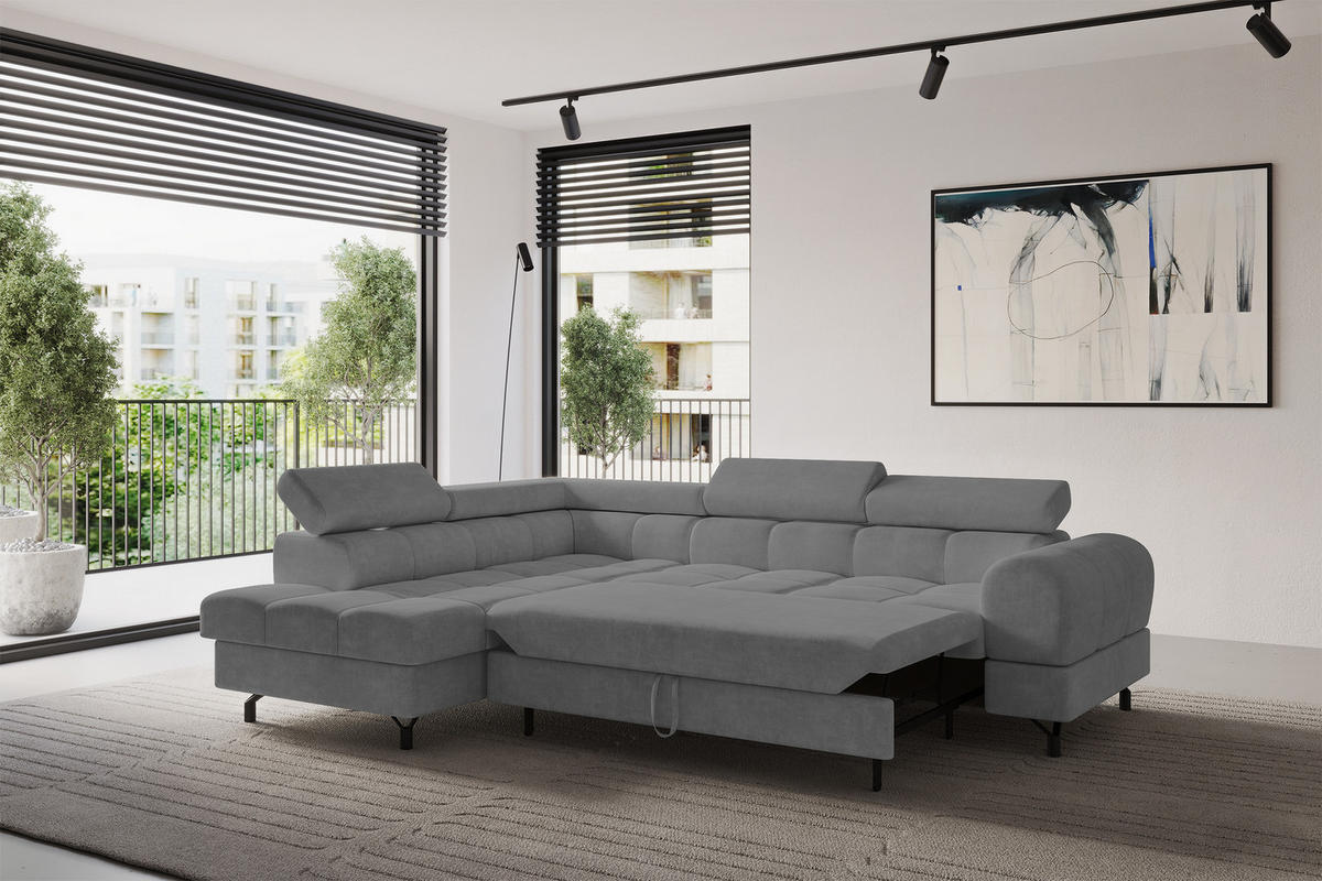 ECKSOFA mit Schlaffunktion Ottomane Links LUMA-L 272x203x70 Grau Velours - Schwarz/Grau, Holzwerkstoff/Kunststoff (272/203cm) - ALTDECOR