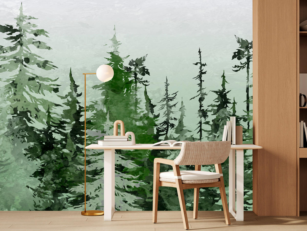FOTOTAPETE für Schlafzimmer Grüner Nadelwald Aquarell Bäume Natur Landschaft 150x105 - Weiß/Grau, Papier (150/105cm) - Muralo