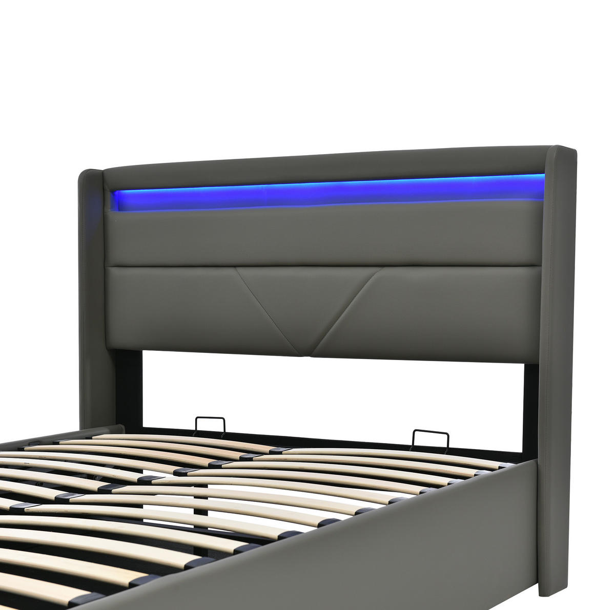 POLSTERBETT mit Bettkasten 140/200 cm mit LED-Beleuchtung und gepolstertem Kopfteil - Grau, Kunststoff (140/200cm) - BEAOK