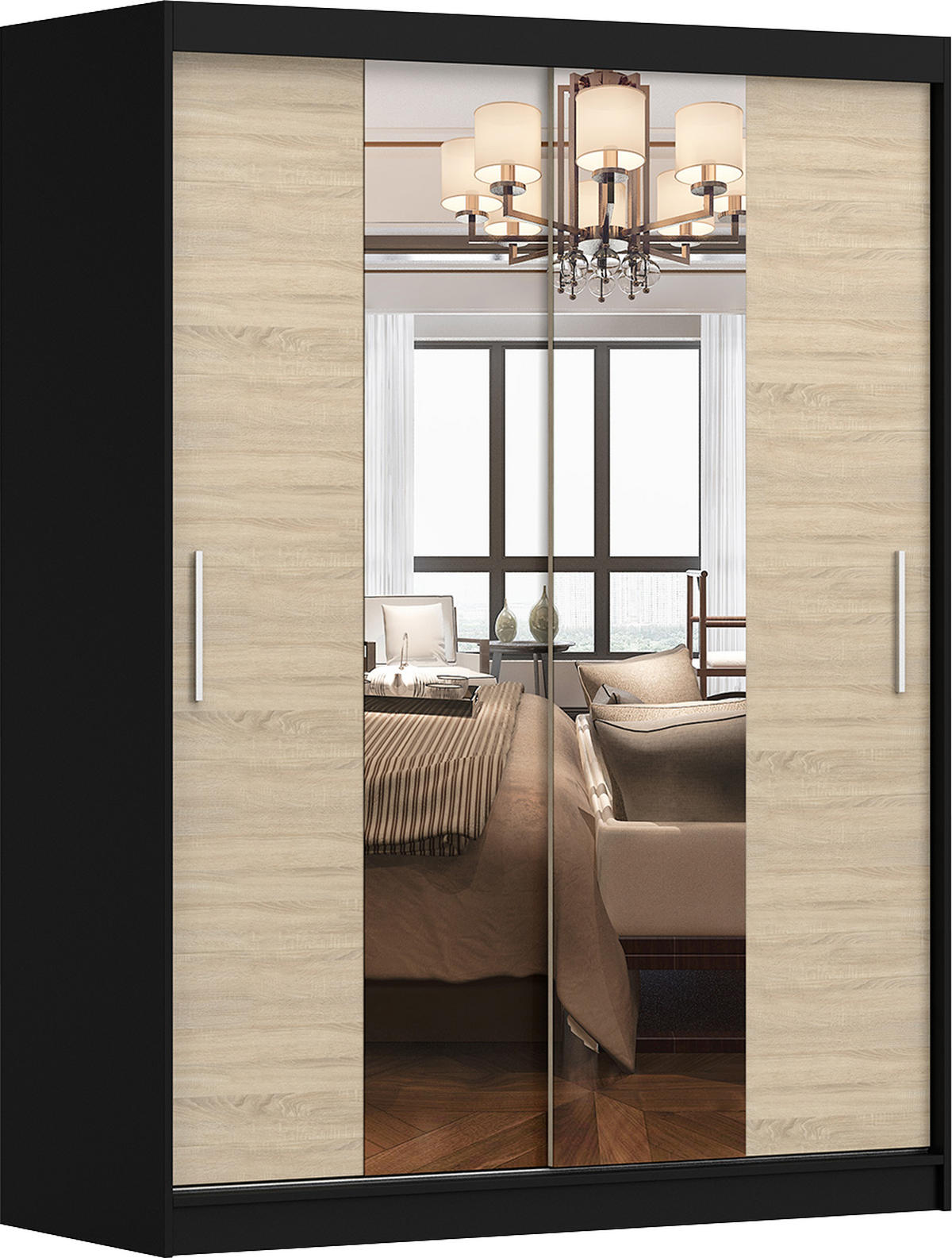 SCHIEBETÜRENSCHRANK - LARA 01 (Schwarz + Sonoma) - Schwarz/Sonoma Eiche, Holzwerkstoff/Metall (150/200/61cm) - Möblo