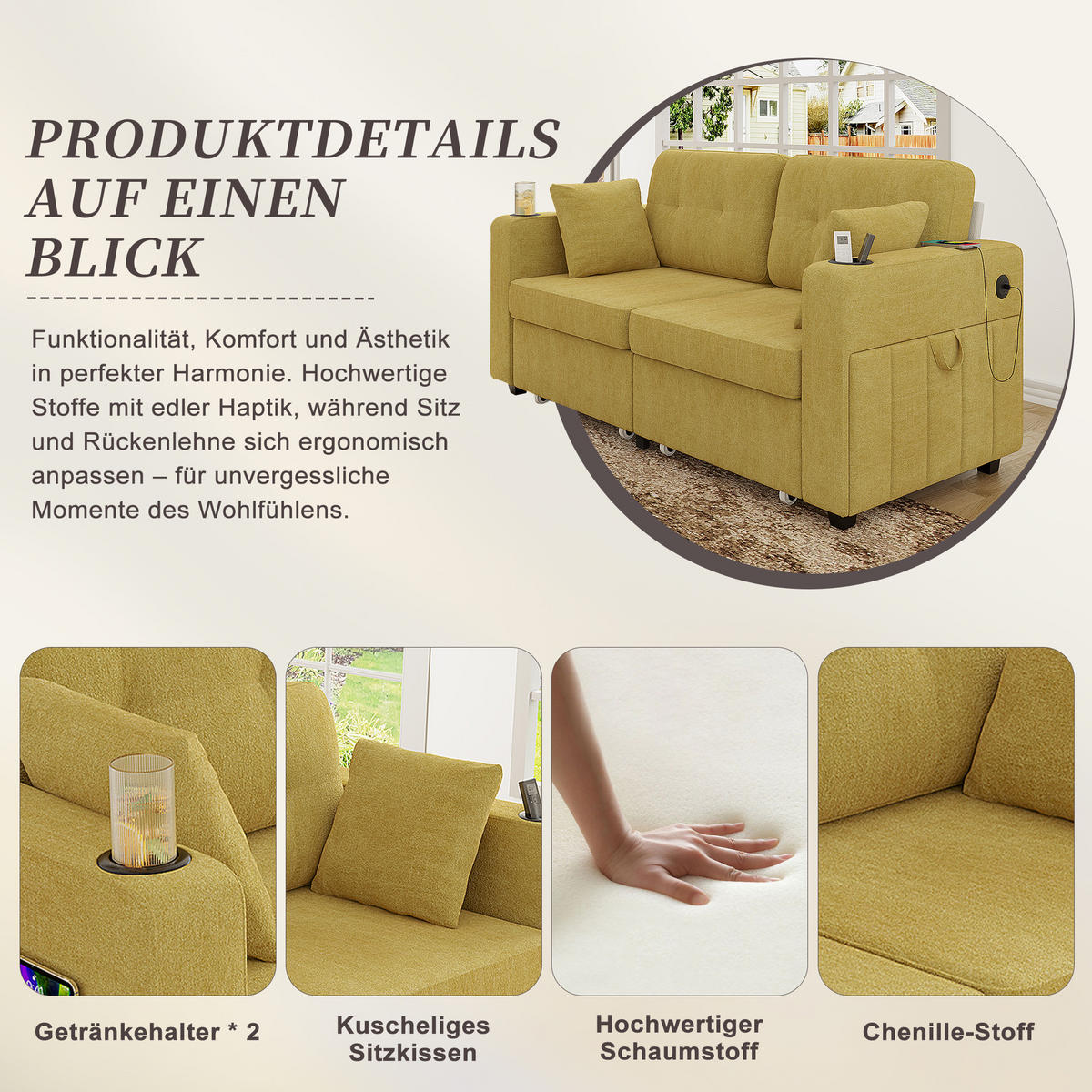 2-SITZER SOFA Chenille Senfgelb mit USB, Getränkehaltern und Stauraumschubladen - Gelb, Textil/Metall (172/82/75cm) - WISHDOR
