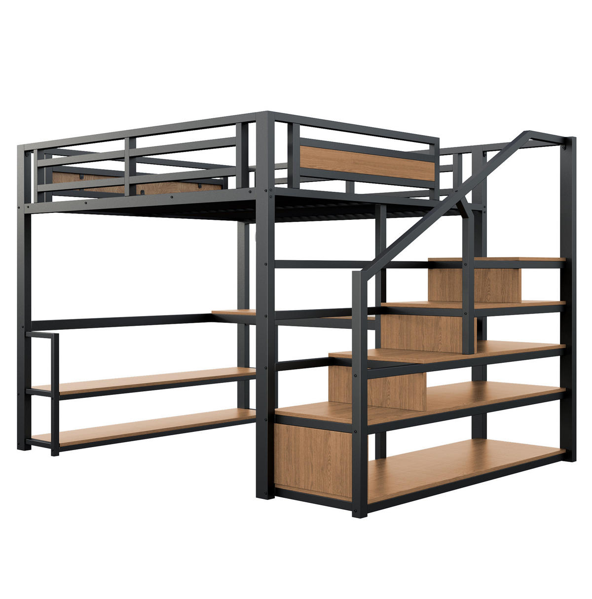 HOCHBETT aus Metall und MDF 140x200 cm Schwarz mit Stauraumtreppe, Schreibtisch und Regalen - Schwarz, Metall (140/200cm) - IVMEU