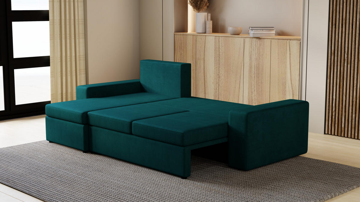 ECKSOFA Paco mit Bettkasten und Schlaffunktion, L-Form/XL-Form, Velourstoff, Universal - Türkis, Holzwerkstoff (246/145cm) - 4ALL HOME