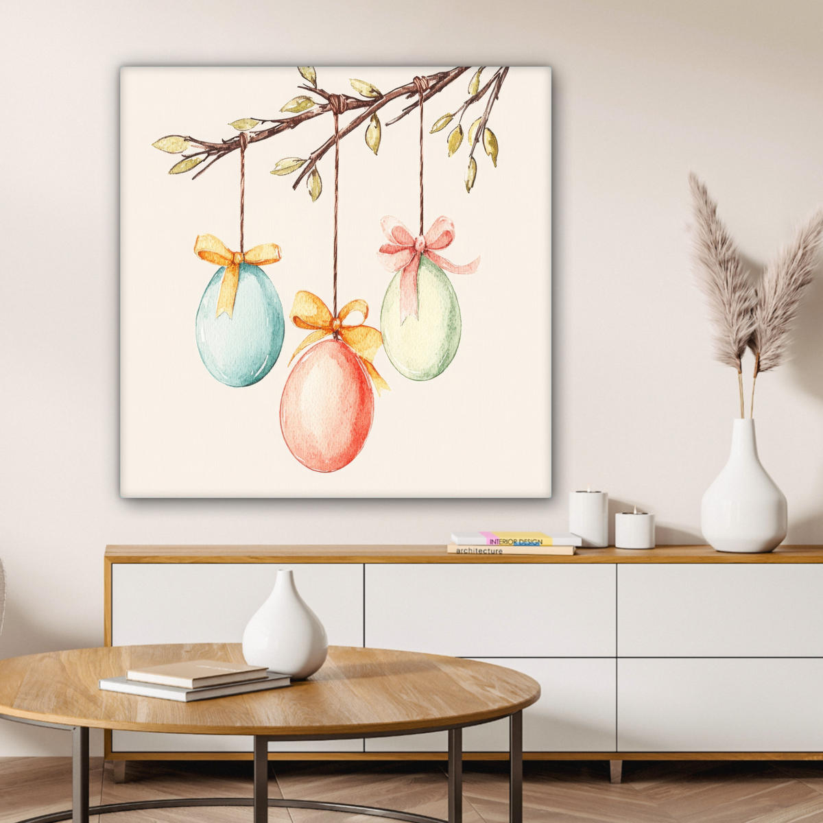 LEINWANDBILD Osterkuchen - Schleife - Eier Deko Groß 90x90 cm - Creme, Textil (90/90cm) - MuchoWow