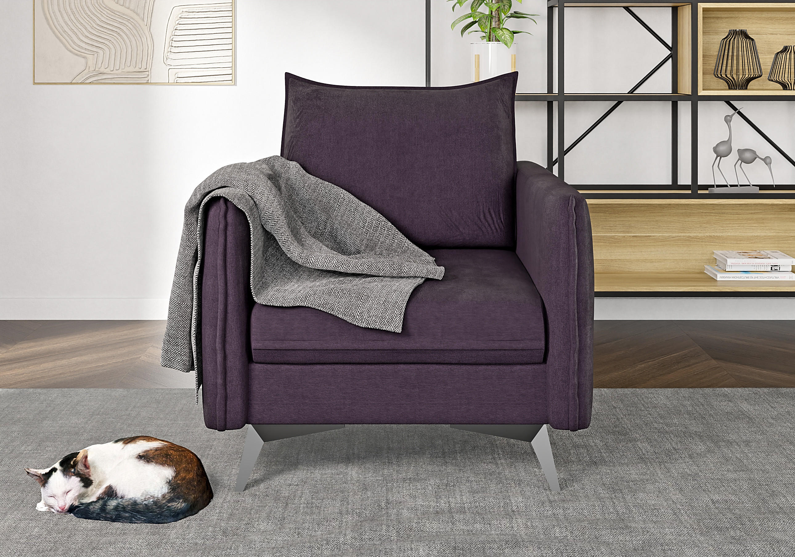Thumbnail - S-Style Möbel Sessel, Lila, Textil, Echtholz,Buche, Birke, 1-Sitzer, Füllung: Polyetherschaumkern, 74x86x31 cm, Blauer E...