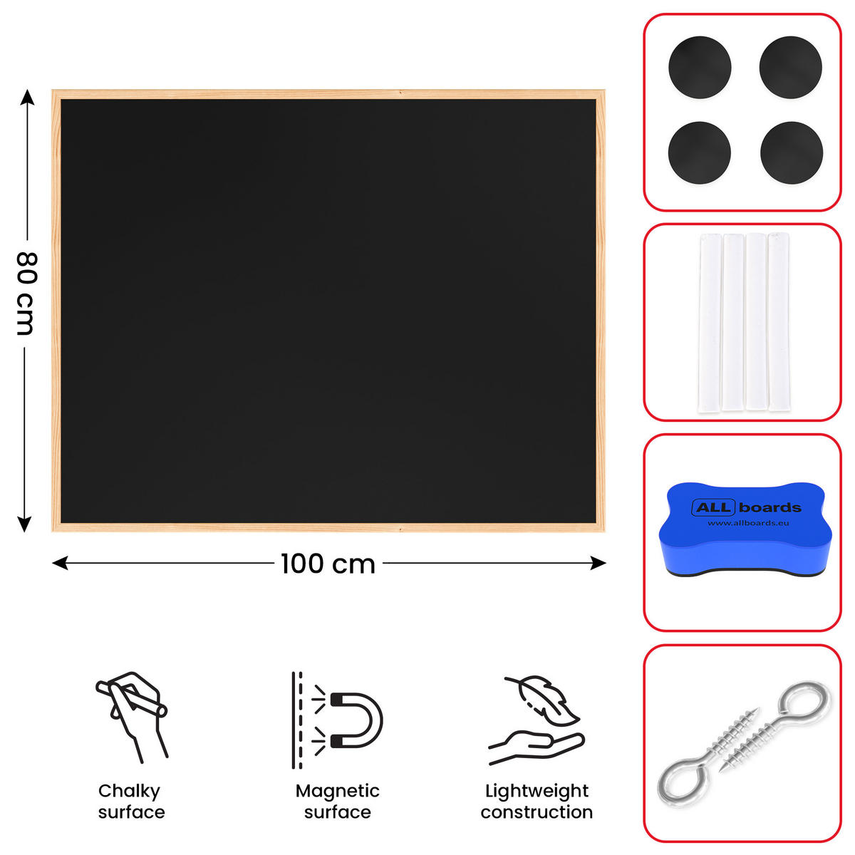 KREIDETAFEL 100x80 cm Schwarze magnetische Naturholzrahmen - Schwarz, Metall (10/80/1.5cm) - ALLboards