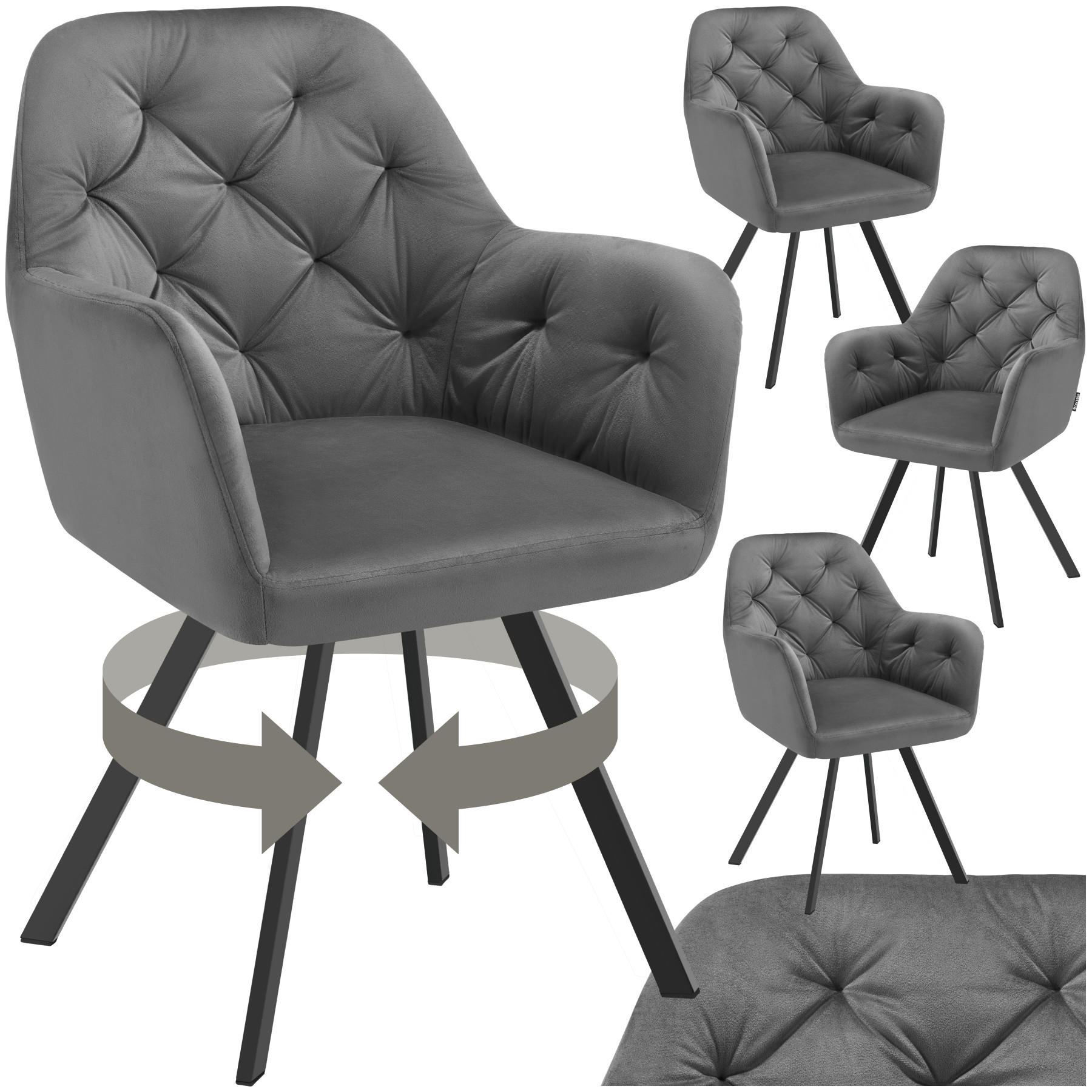 ARMLEHNSTUHL Samt Drehbarer 4er Set Lucia 58 x 58 x 87 cm anthrazit - Anthrazit, Kunststoff (58/87/58cm) - tectake