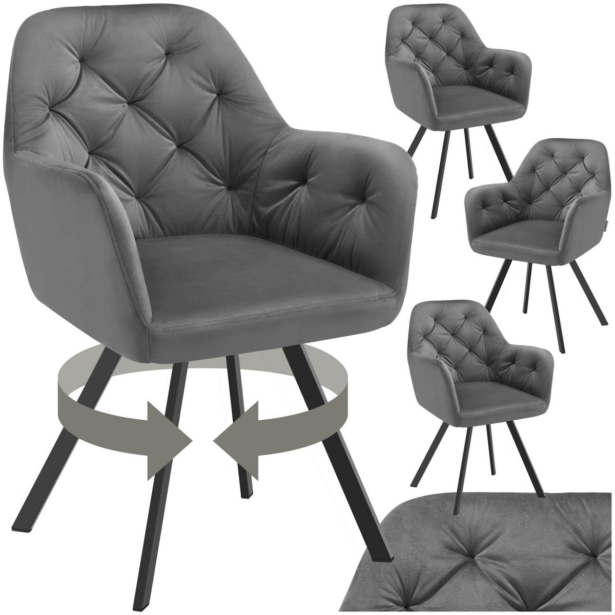 ARMLEHNSTUHL Samt Drehbarer 4er Set Lucia 58 x 58 x 87 cm anthrazit - Anthrazit, Kunststoff (58/87/58cm) - tectake