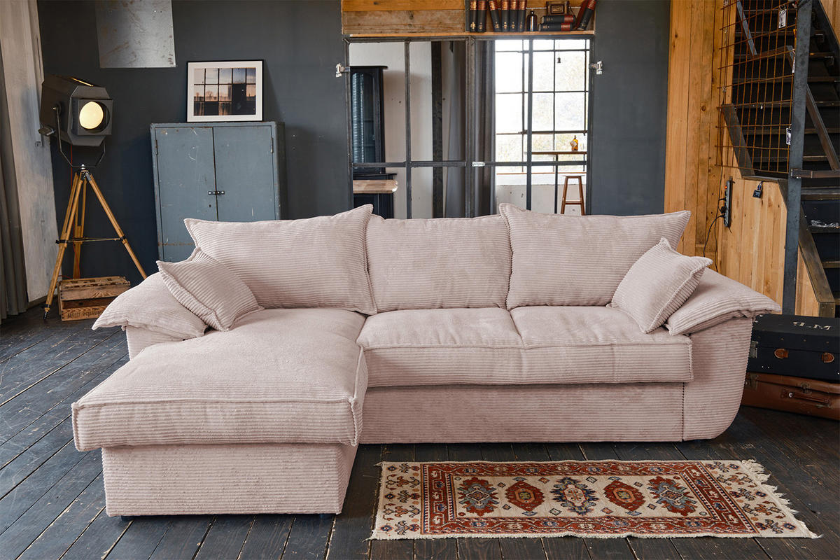 ECKSOFA DAMETO Pink Cord - Pink/Schwarz, Kunststoff/Textil (266/174cm) - KAWOLA