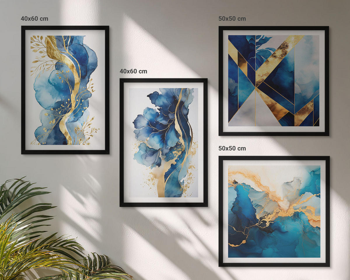 BILDER SET 4er Set - 50x50 cm & 40x60 cm Schwarzer Rahmen - Blaue abstrakte Muster - Schwarz, Kunststoff (50/50cm) - TULUP