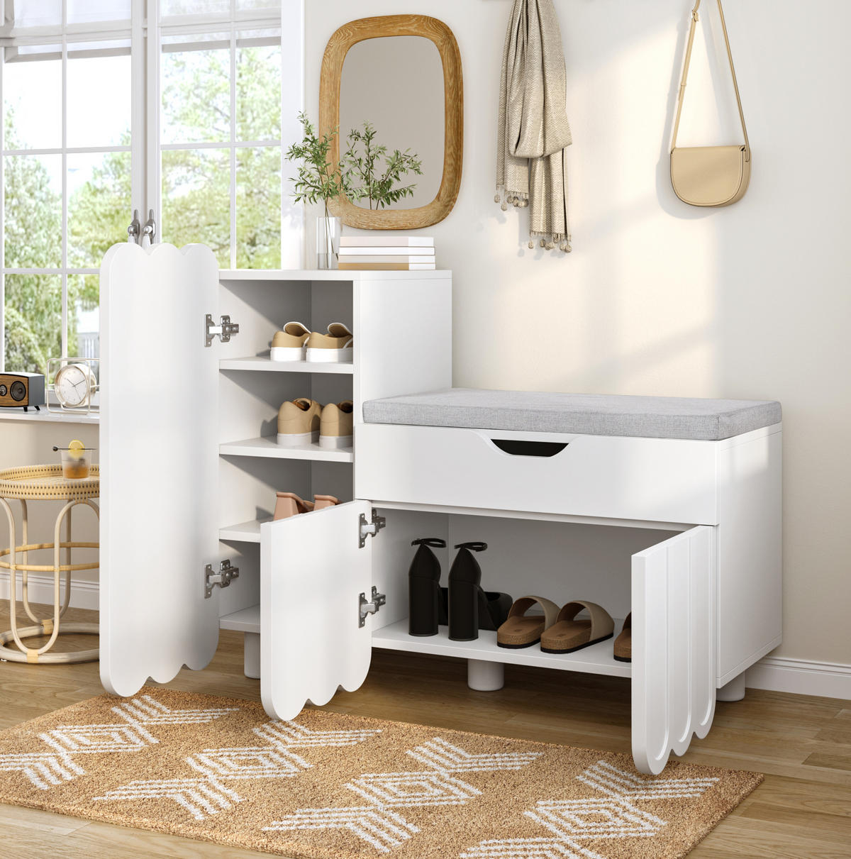 SCHUHSCHRANK mit Sitzpolster 90 x 35 x 74,5 cm MDF Weiß - Weiß, Holzwerkstoff (35/74.5/90cm) - Beauniv