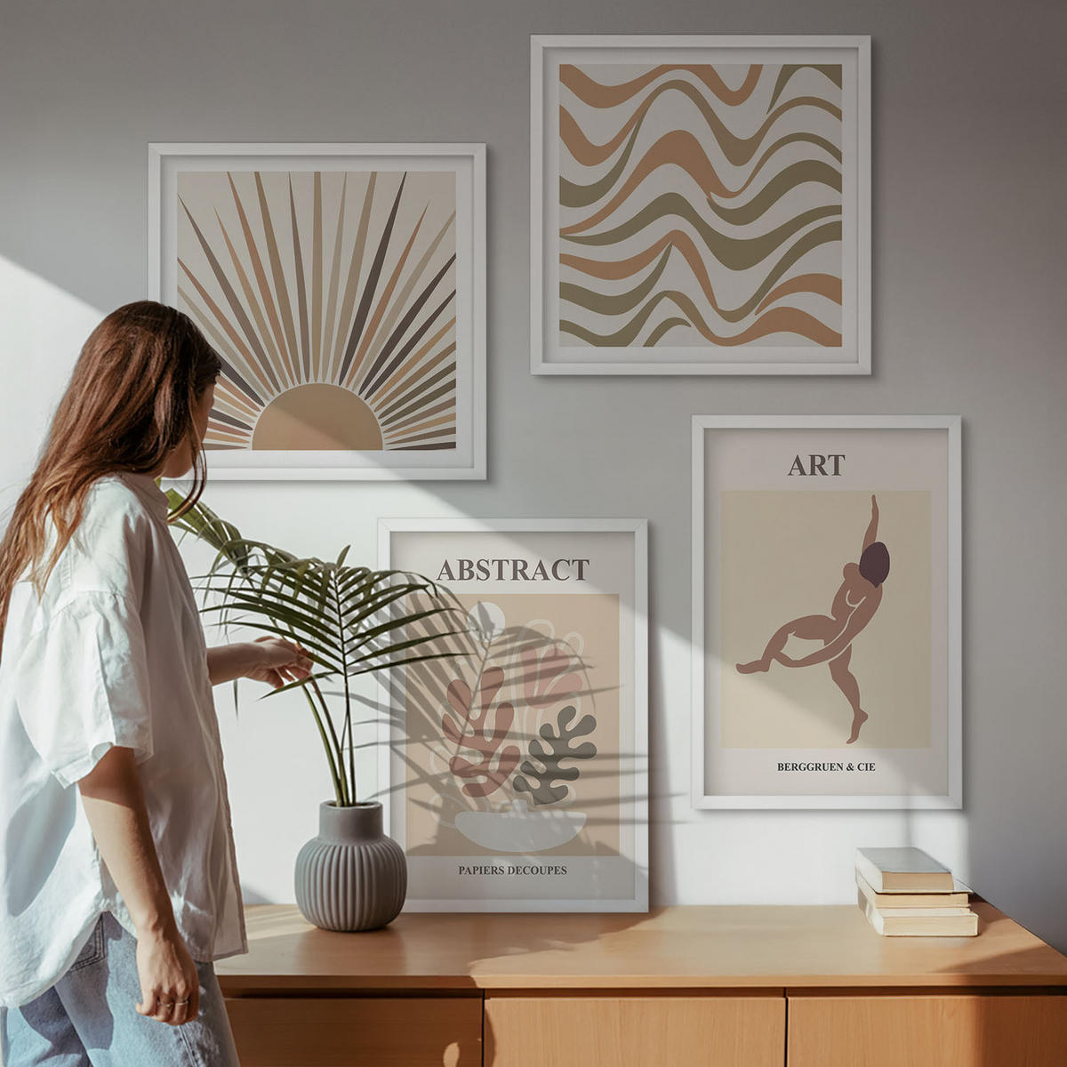BILDER SET 4er Set - 50x50 cm & 40x60 cm Weißer Rahmen - Matisse Boho abstrakte Muster - Weiß, Kunststoff (50/50cm) - TULUP