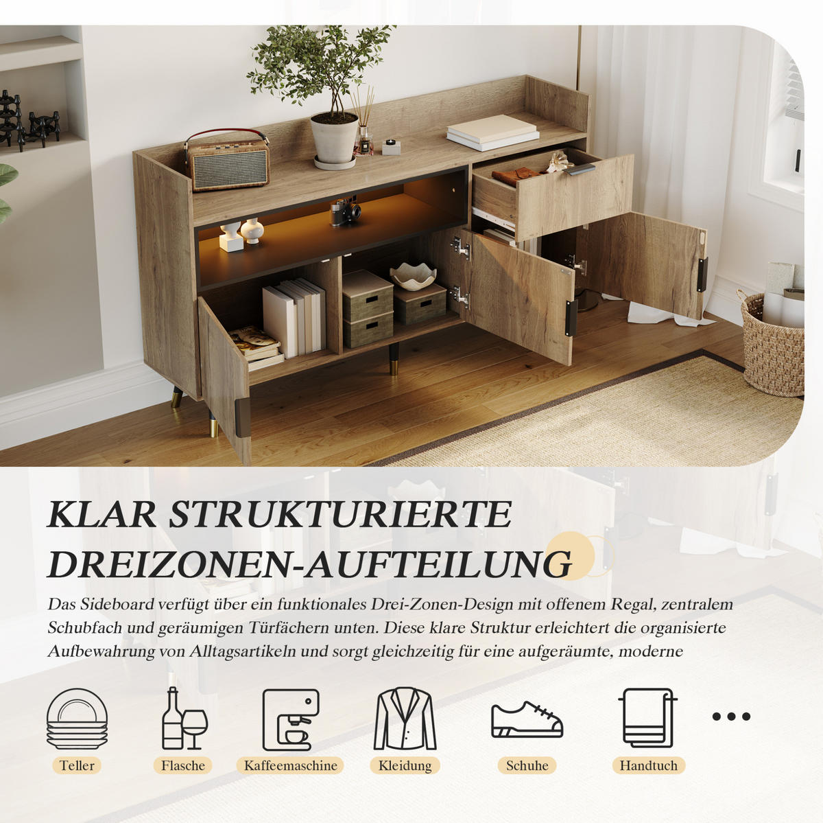 SIDEBOARD 160/35/82 cm mit 2 Türen, Schublade & offenem Fach in Natur - Naturfarben, Holzwerkstoff (160/82/35cm) - BEAOK