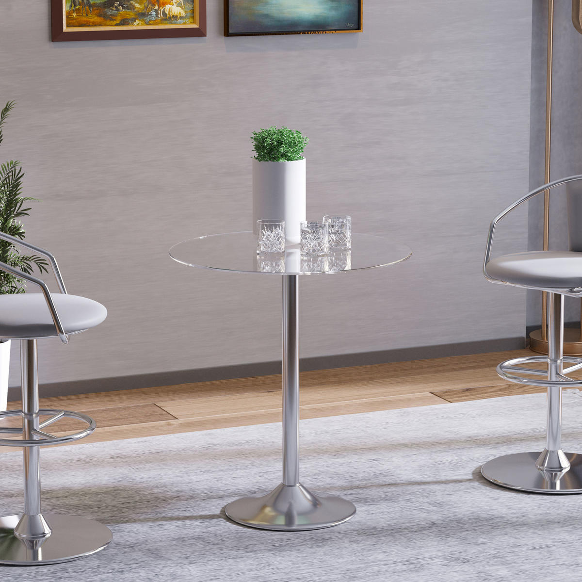 ESSTISCH, Runder Küchentisch mit Tischplatte aus Glas, Ø70 x 74,5 cm - Silberfarben, Metall (70/70/74.5cm) - HOMCOM