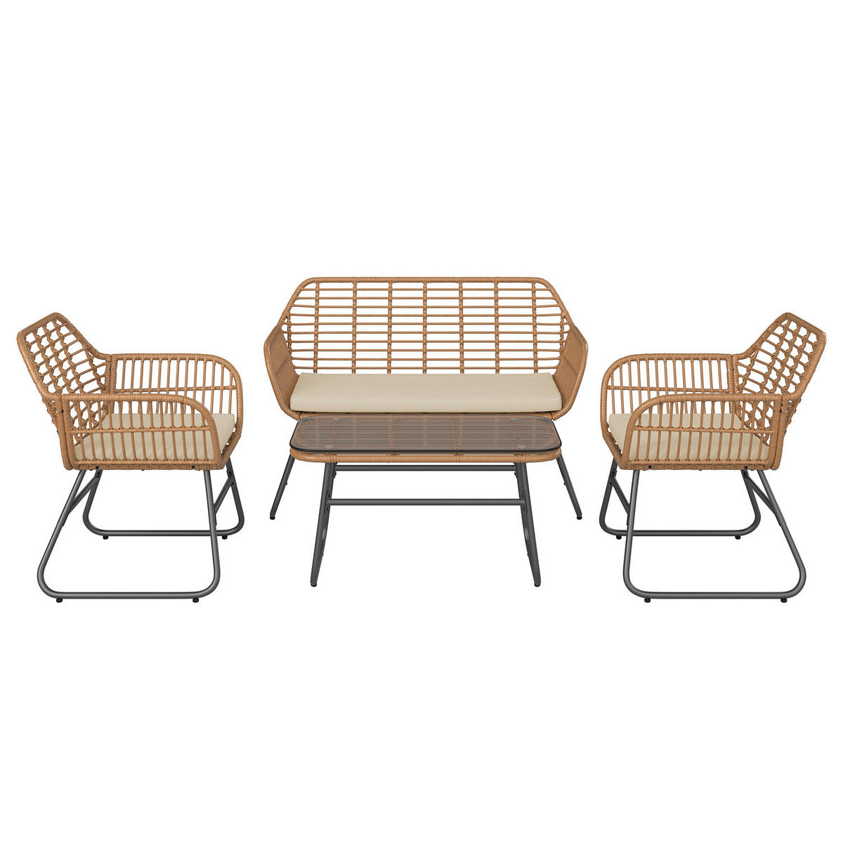 LOUNGESET - Polyrattan / Polyester - Braun / Beige - 4-teilig - Beige/Braun, Naturmaterialien/Glas - home24