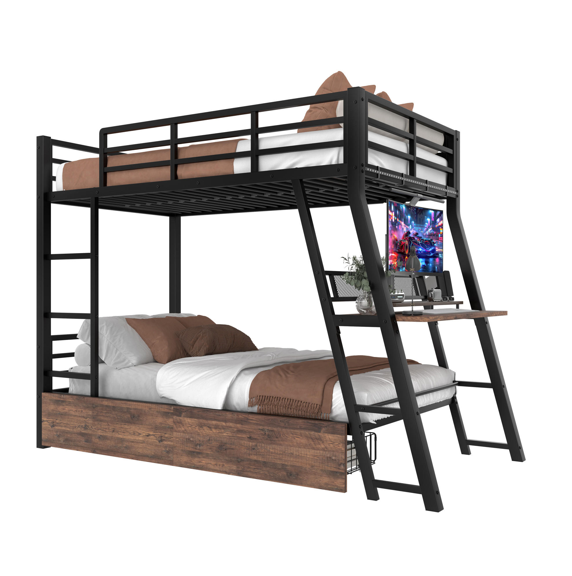 HOCHBETT 90/200 cm Schwarz mit LED, Schubladen, Schreibtisch, ohne Matratze - Schwarz, Metall (90/200cm) - MIVRAY