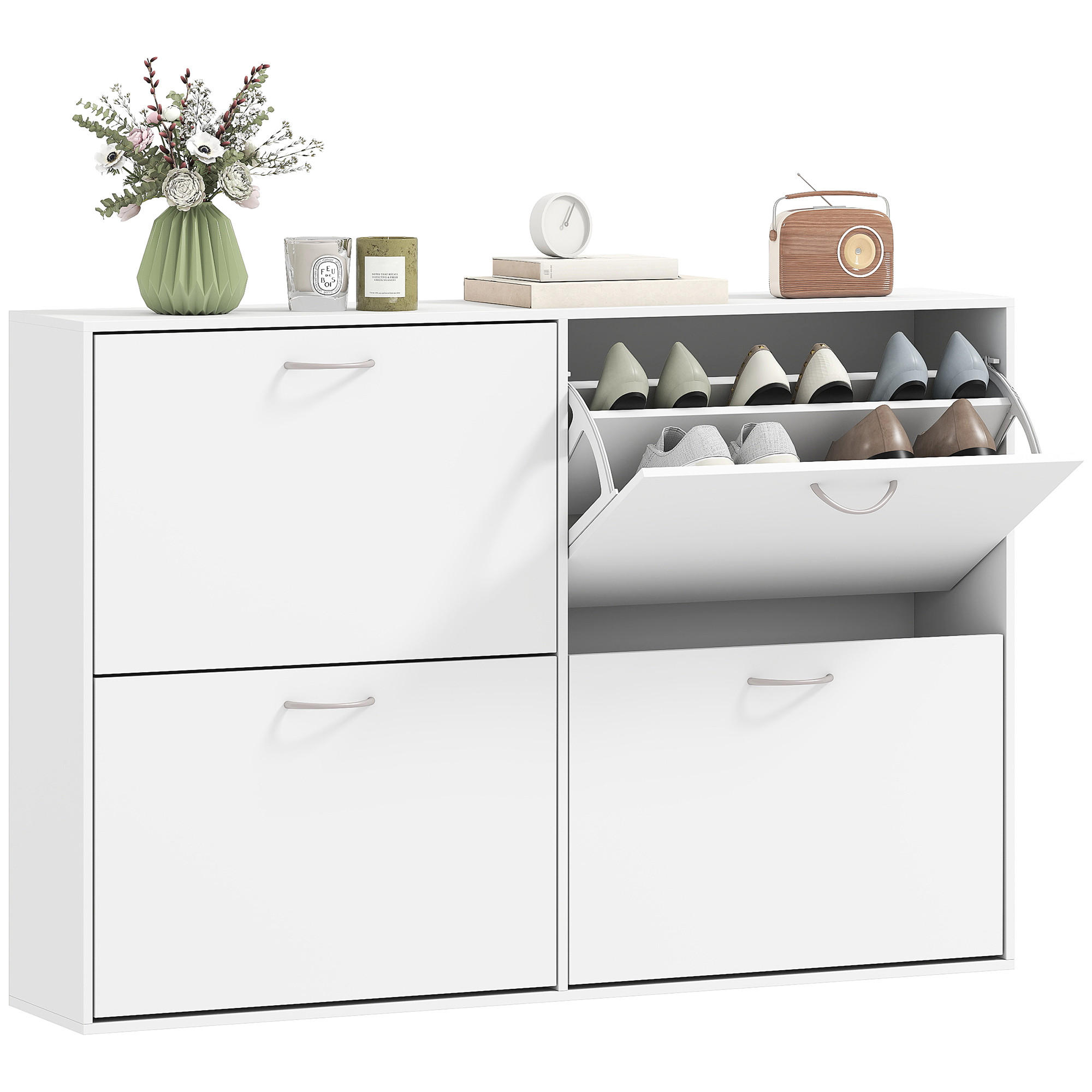 SCHUHSCHRANK DE-14966 4 Klapptüren mit Doppelböden Weiß - Weiß, Holzwerkstoff (120/81/24cm) - ComfortXL