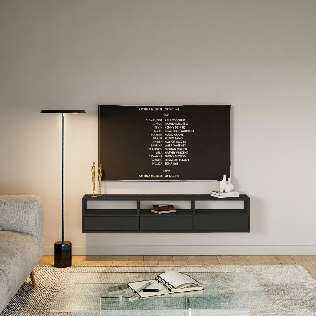 TV-LOWBOARD hängend, 3 Klappen und Ablagen, Schwarz, 150 cm - Schwarz, Holzwerkstoff (150.1/30/30cm) - Selsey